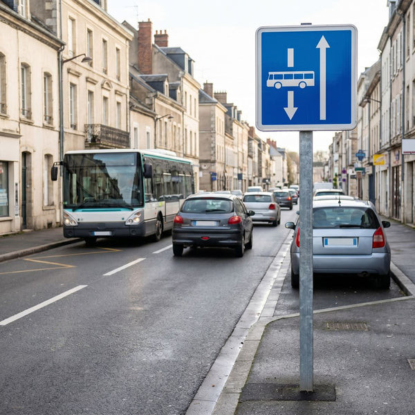 Panneau C24A-EX4 — Affectation de voies (exemple 4) — mise en situation sur voirie