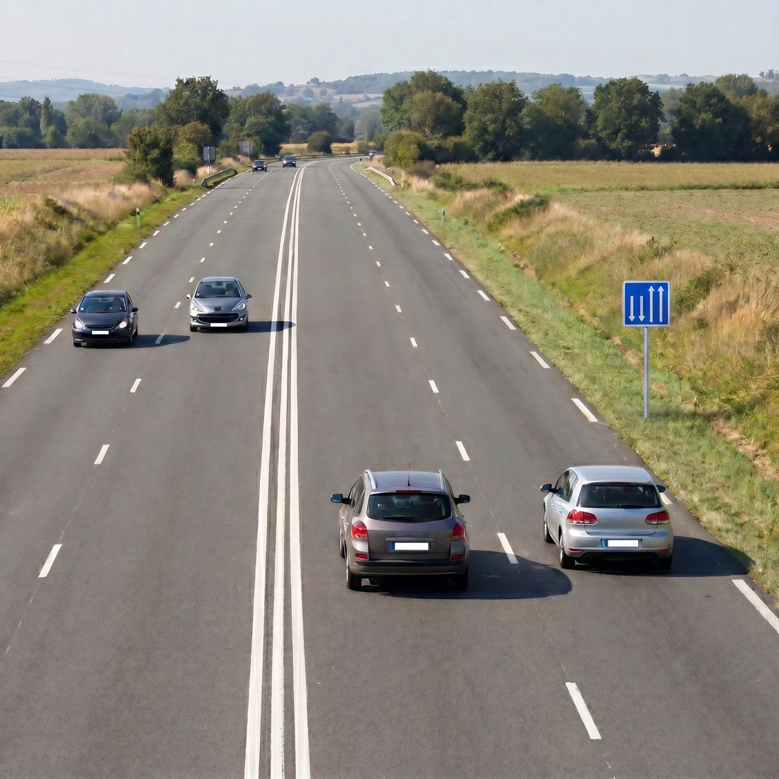 Panneau C29A — Présignalisation d'un créneau de dépassement — mise en situation sur voirie