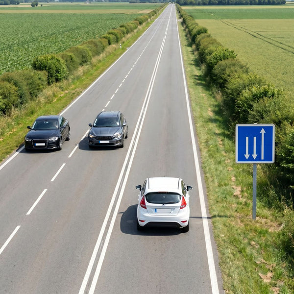 Panneau C29C — Présignalisation d'un créneau de dépassement (variante) — mise en situation sur voirie