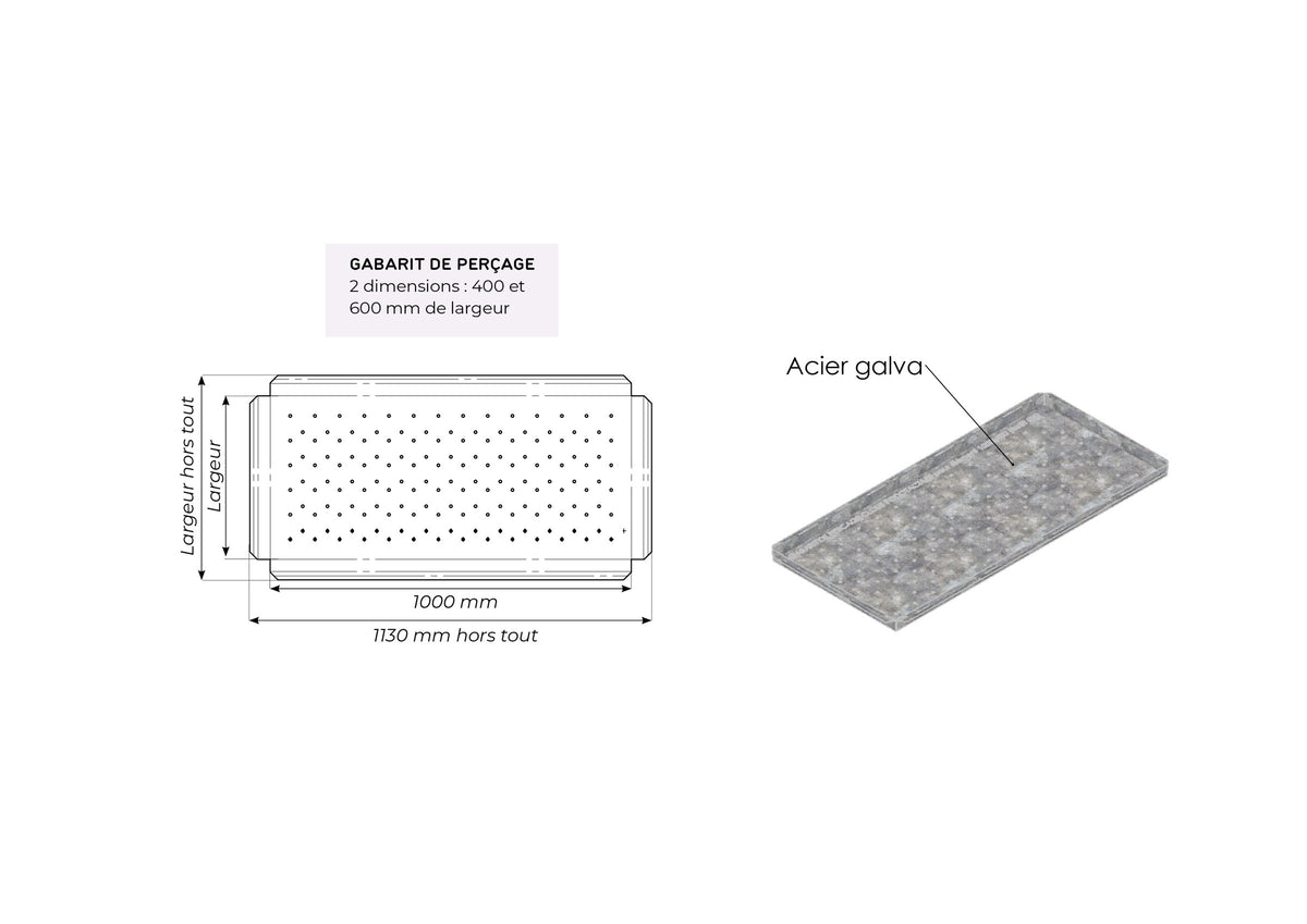 Plan du gabarit de perçage : 1 000 mm utile, 1 130 mm hors tout, largeurs 400 ou 600 mm