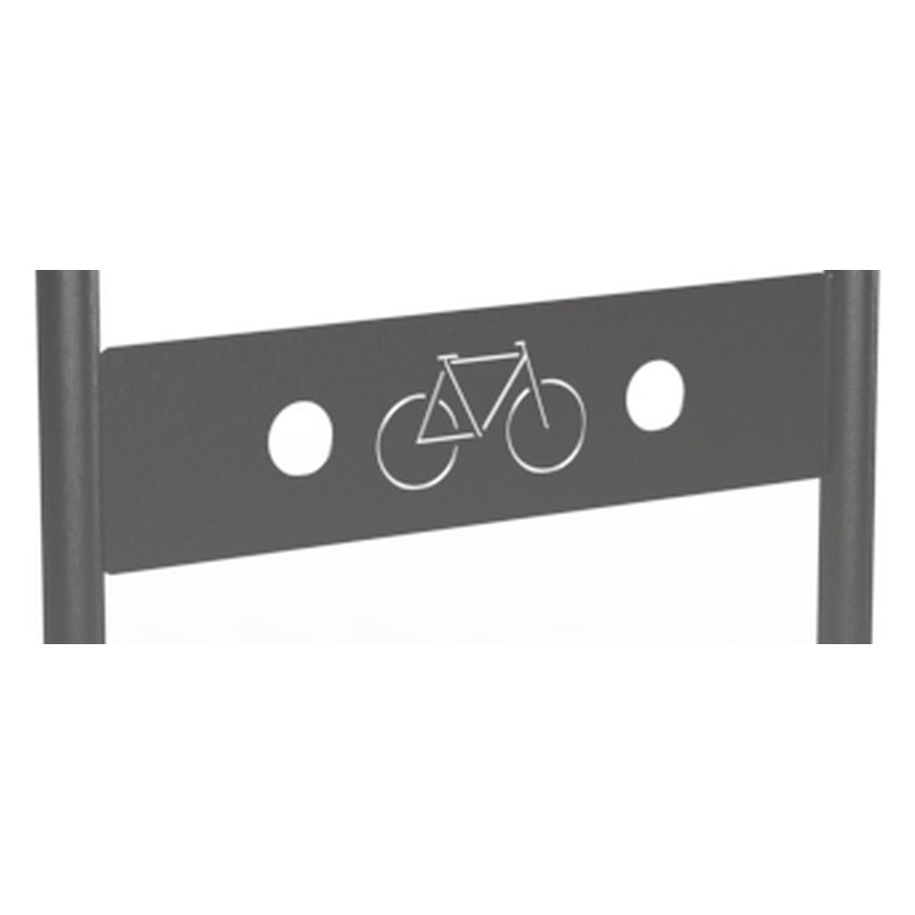 Pictogramme vélo gravé sur la plaque d'un arceau inox — détail