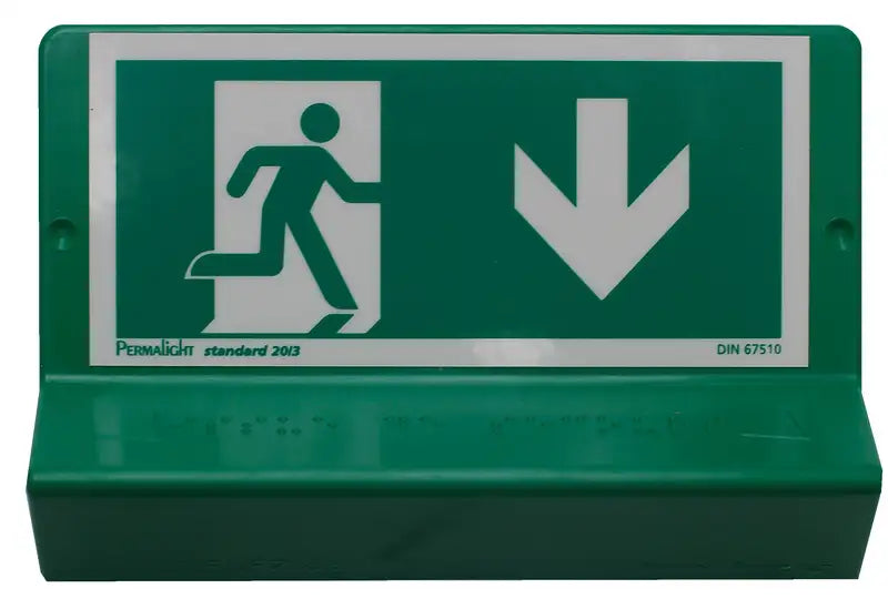 Plaque braille Issue de secours, flèche en bas à droite