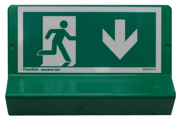 Plaque braille Issue de secours, flèche en bas à droite