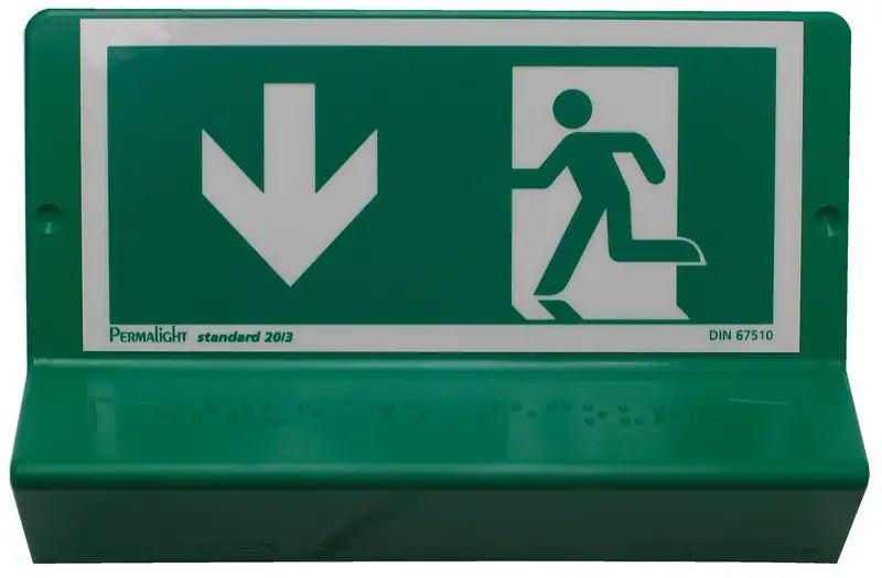 Plaque braille Issue de secours, flèche en bas à gauche