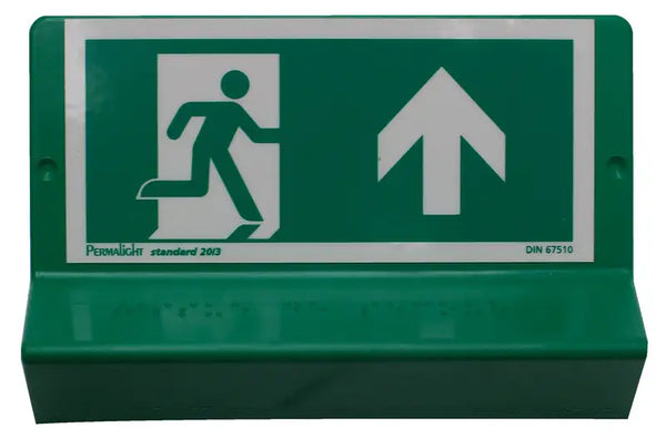 Plaque braille Issue de secours, flèche en haut à droite