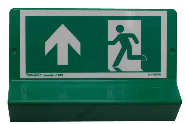Plaque braille Issue de secours, flèche en haut à gauche
