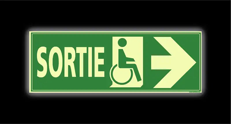 Plaque photoluminescente Sortie handicapés vers la droite, 210 × 75 mm
