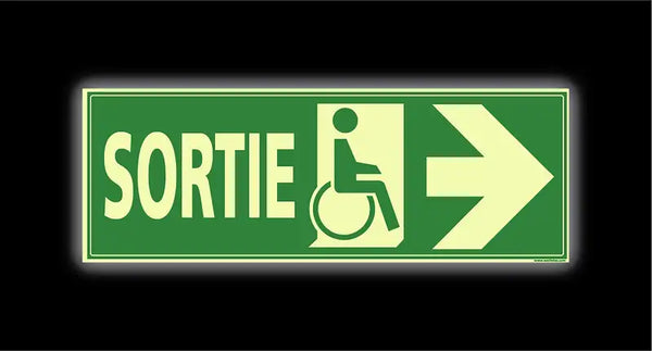 Plaque photoluminescente Sortie handicapés vers la droite, 210 × 75 mm