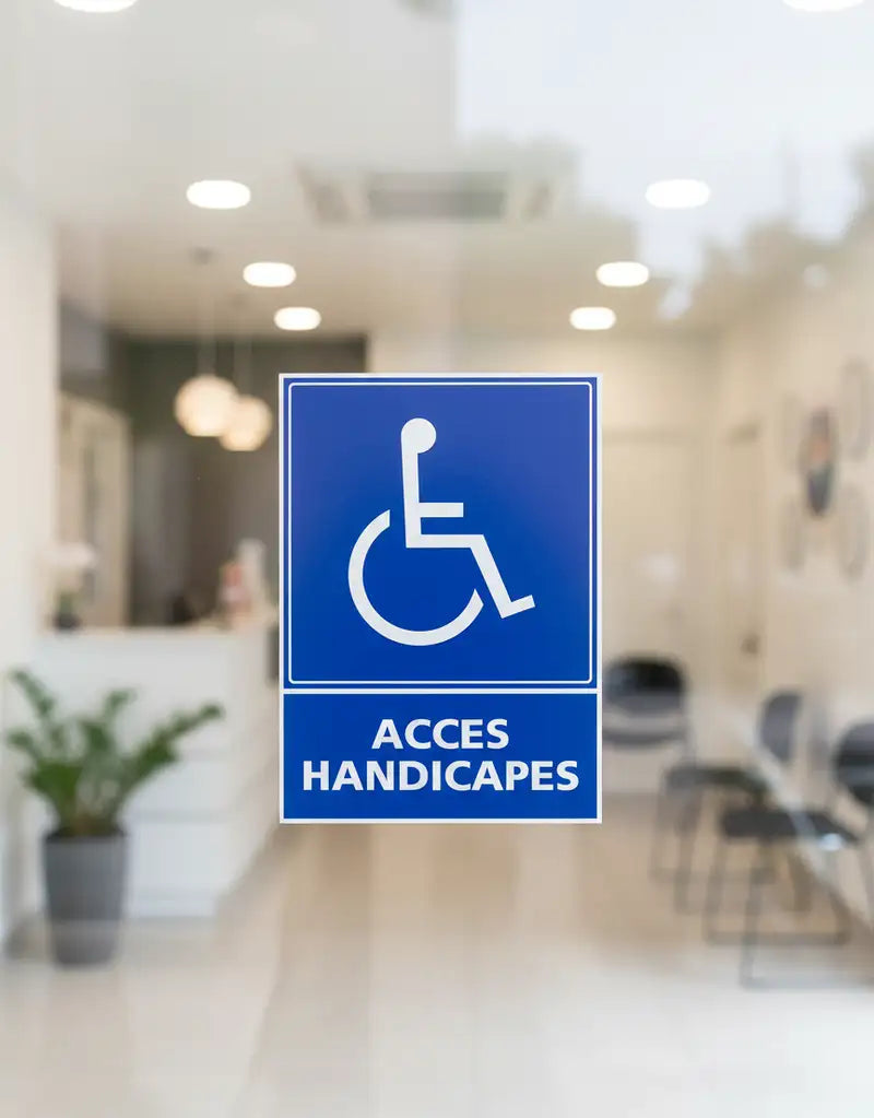 Plaque Accès handicapés posée sur une porte vitrée