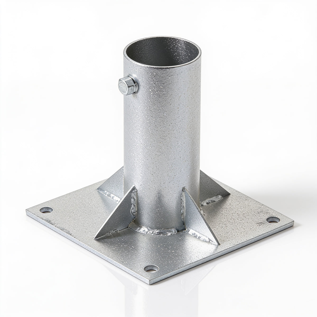Platine de fixation acier galvanisé — tube rond + goussets Image principale du produit